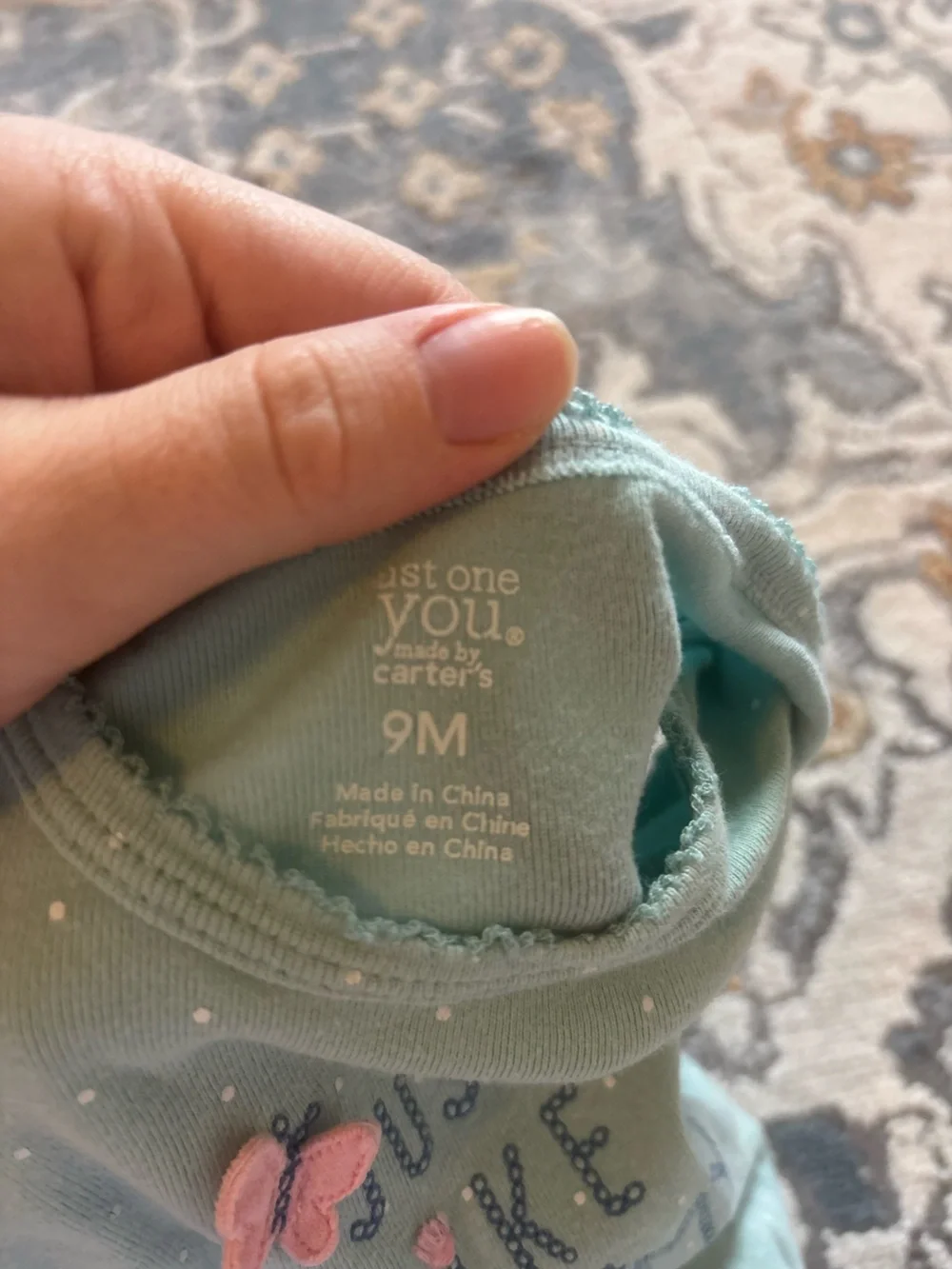 Aqua Polka Dot Baby Onesie with Embroidered “Just Like Mommy”